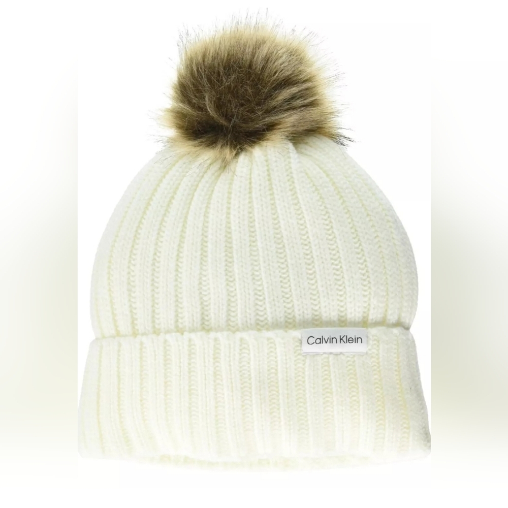 Calvin Klein Beanie Women's Warm Fleece Lined Faux Fur Pom Hat NWT